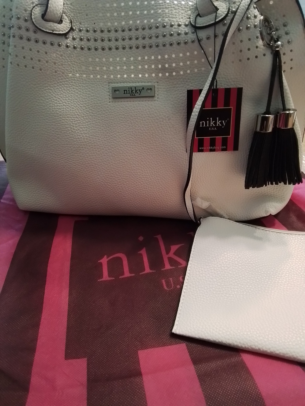White Tote Bag/handbag with Black Tassel Accent By NIKKY USA - Picture 4 of 6